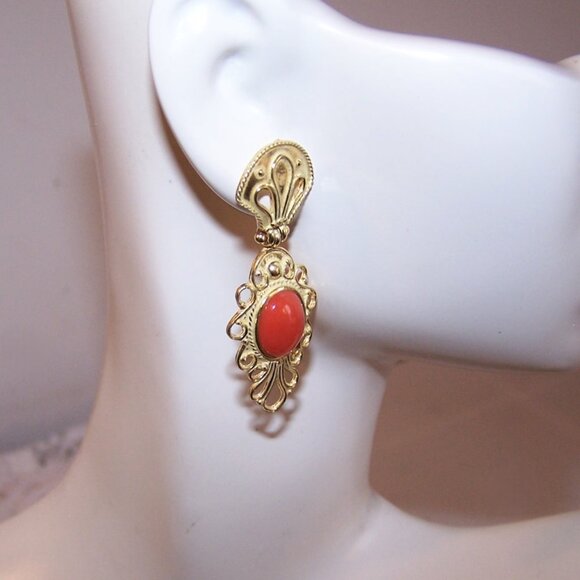 Etruscan Revival 18K Gold Orange Coral Dangle Drop Earrings - Posts with Nuts - Picture 3 of 6